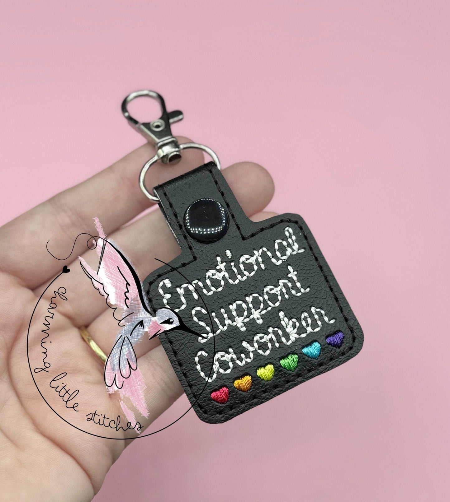 Emotional Support Coworker Keychain - Black with Rainbow Hearts-Charming Little Stitches