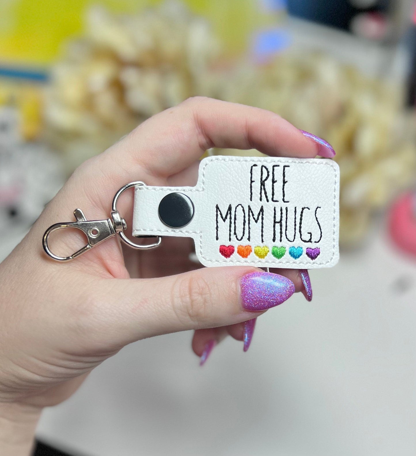 Free Mom Hugs Rainbow LGBTQIA Hearts Keychain Snap Tab-Charming Little Stitches