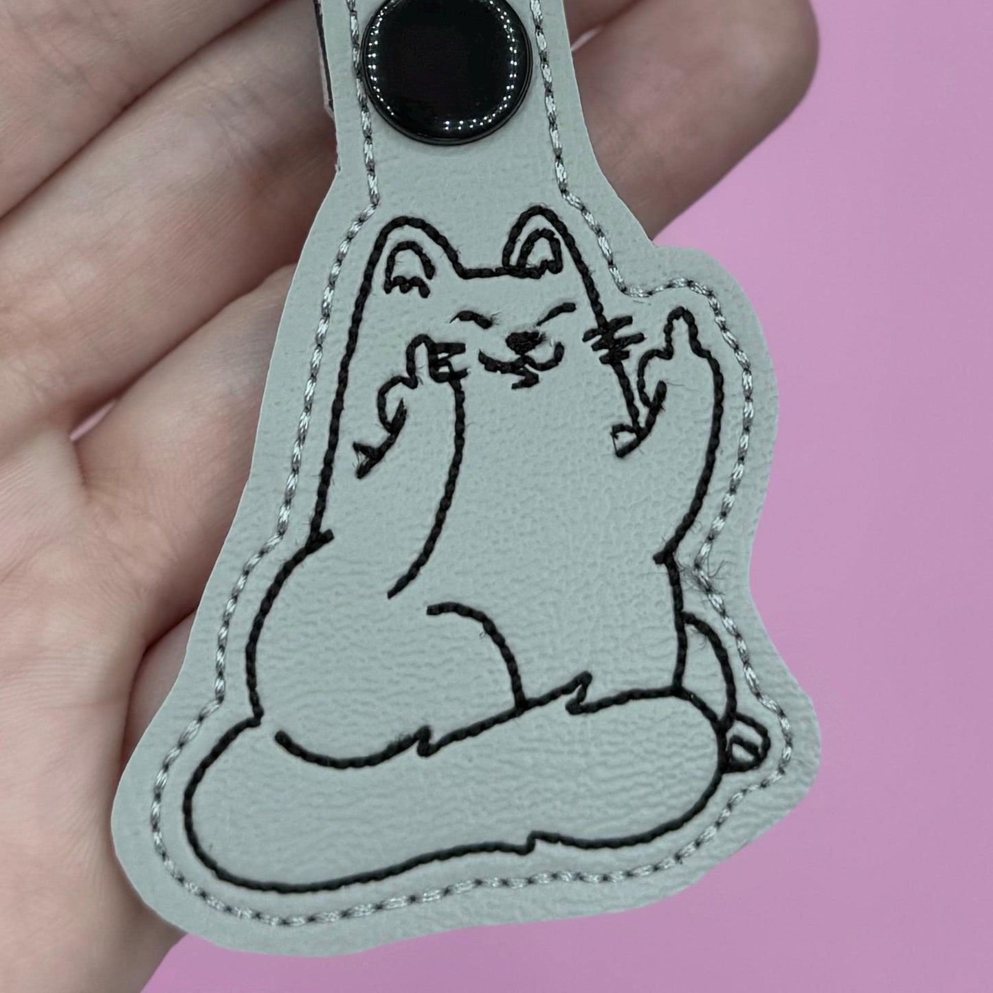 Middle Finger Flipping Off Gray Cat Keychain-Charming Little Stitches