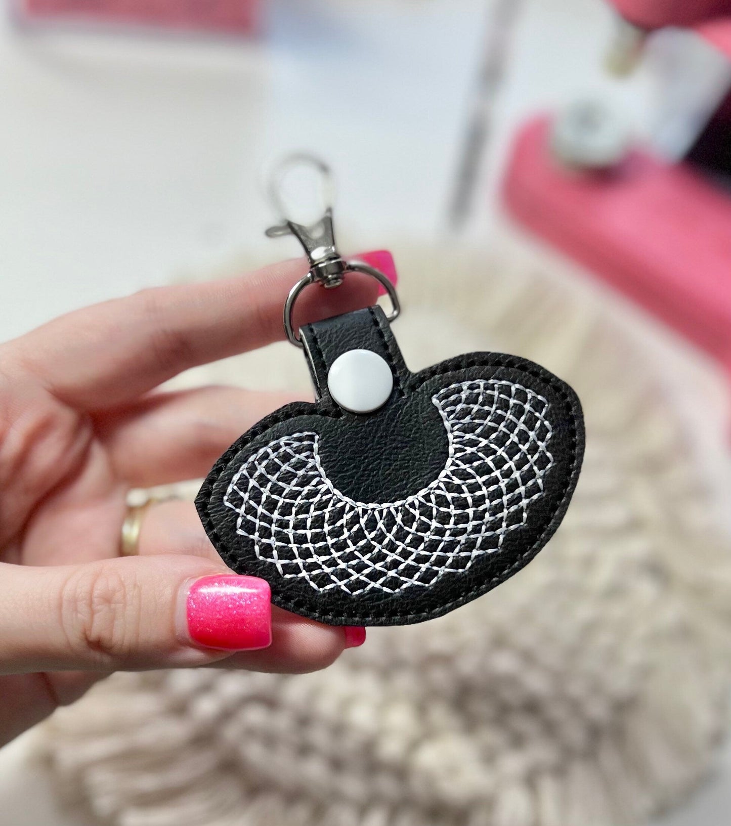 RBG I Dissent White Lace Collar Keychain Snap Tab-Charming Little Stitches