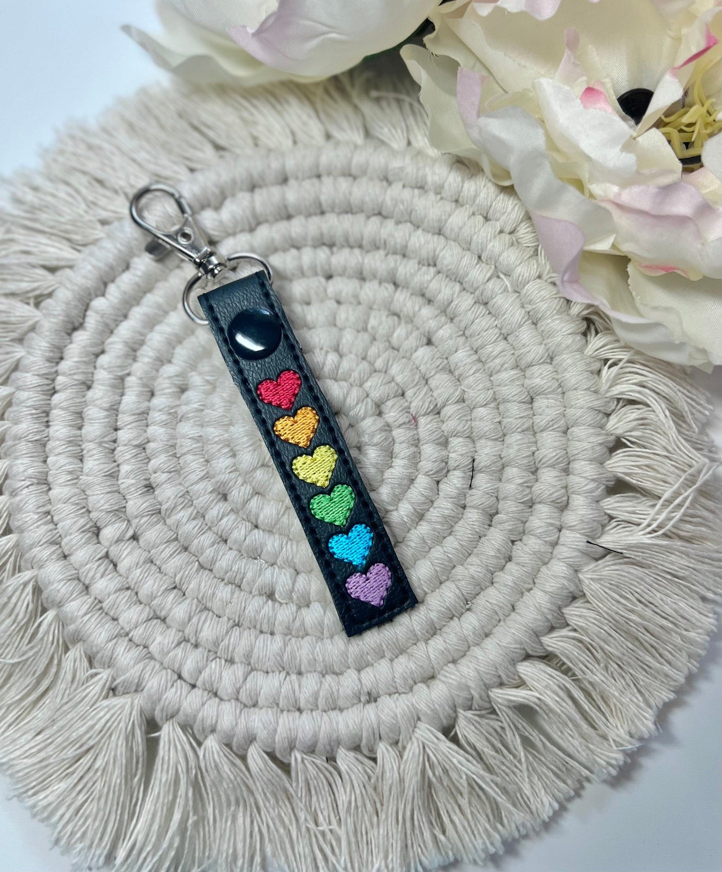 Rainbow Hearts Skinny Snap Tab Keychain Pride 2022-Charming Little Stitches