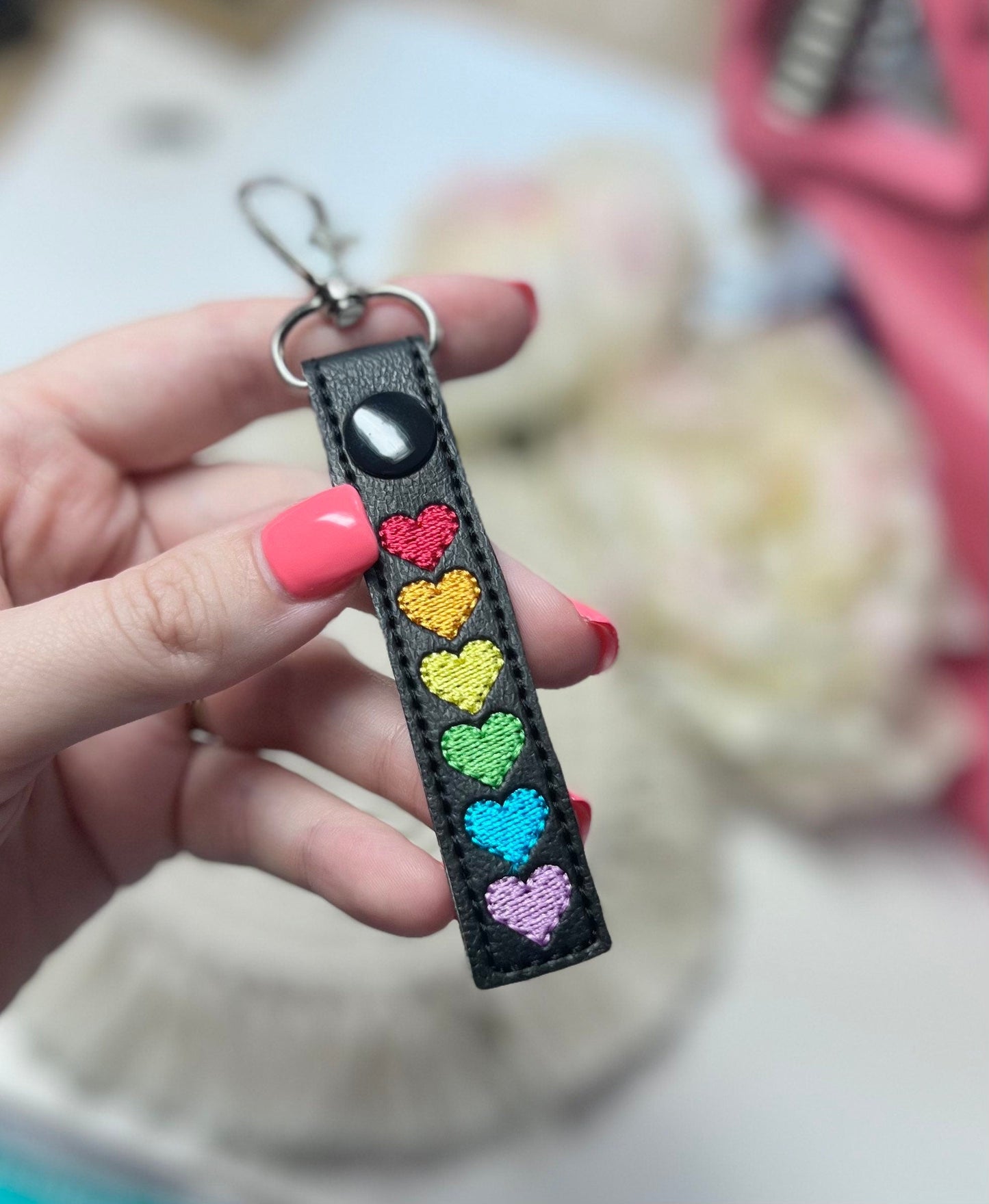 Rainbow Hearts Skinny Snap Tab Keychain Pride 2022-Charming Little Stitches