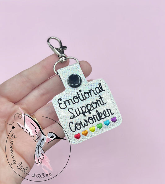 Emotional Support Co-Worker Rainbow Hearts Snap Tab Design-Charming Little Stitches