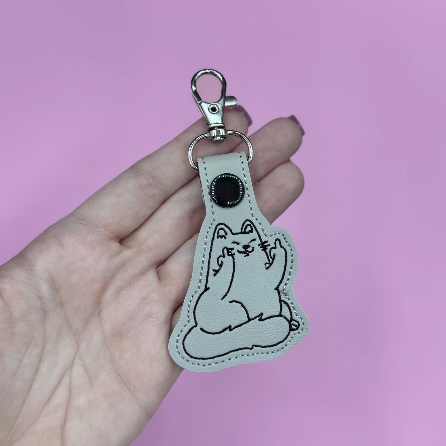 Middle Finger Flipping Off Gray Cat Keychain-Charming Little Stitches